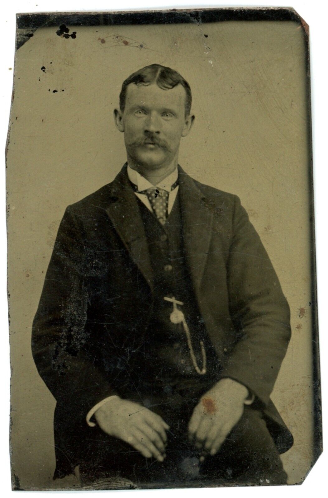 c1860\'S 1/6th Plate TINTYPE Handsome Man With Mustache in Suit With Pocketwatch