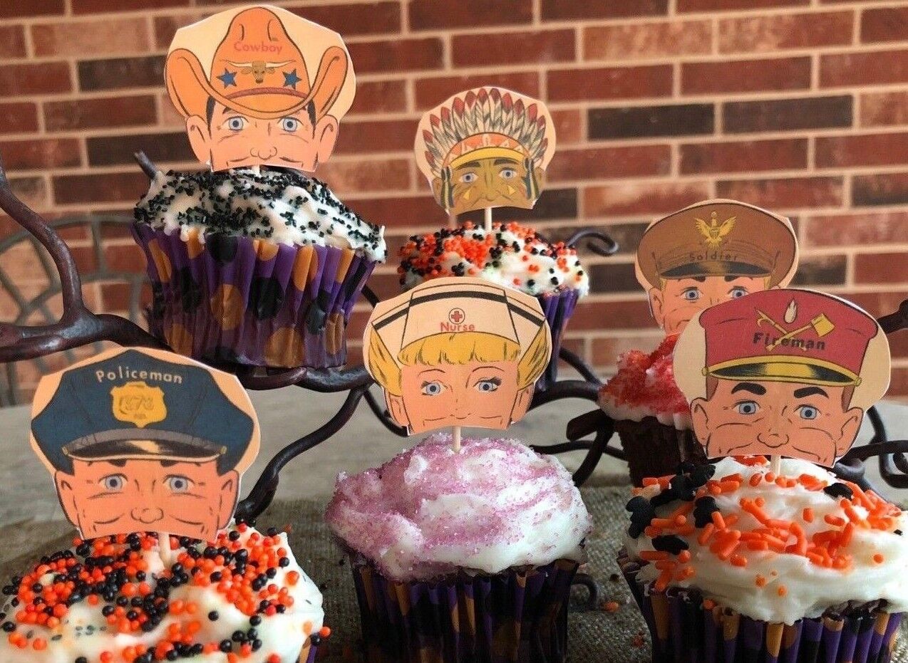 12 Handmade Halloween Cupcake Toppers,Appetizer Pick Policeman,Nurse,Cowboy Mask