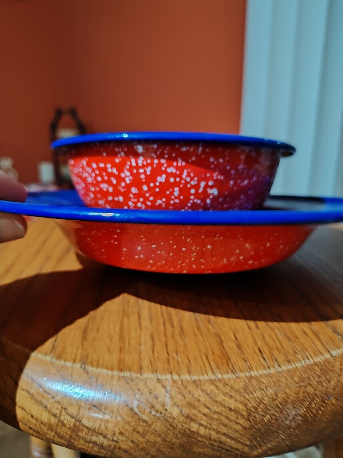 Enamel Red and White Speckled Bowl and Plate Set with Blue Inside