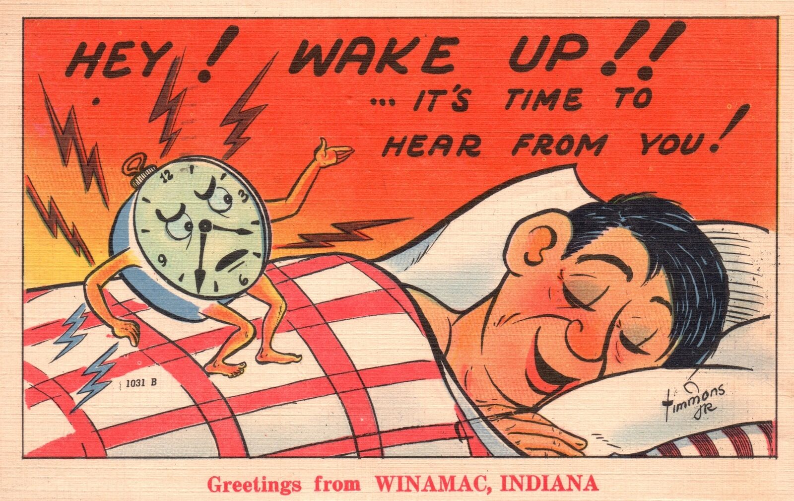 Vintage Postcard 1953 Greetings From Winamac Indiana Man Sleeping Alarm Clock