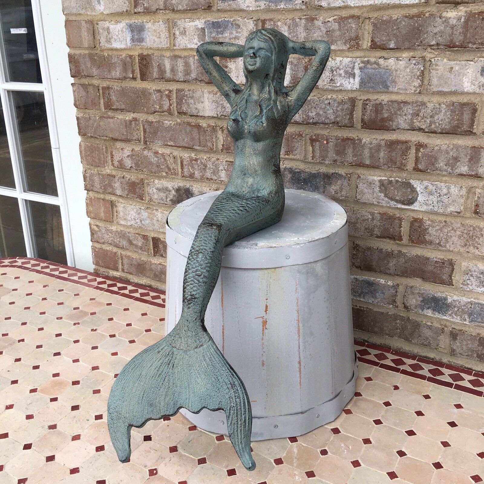 Large 25” Cast Iron Nautical Sitting Mermaid Statue Sitting Blue Beach House