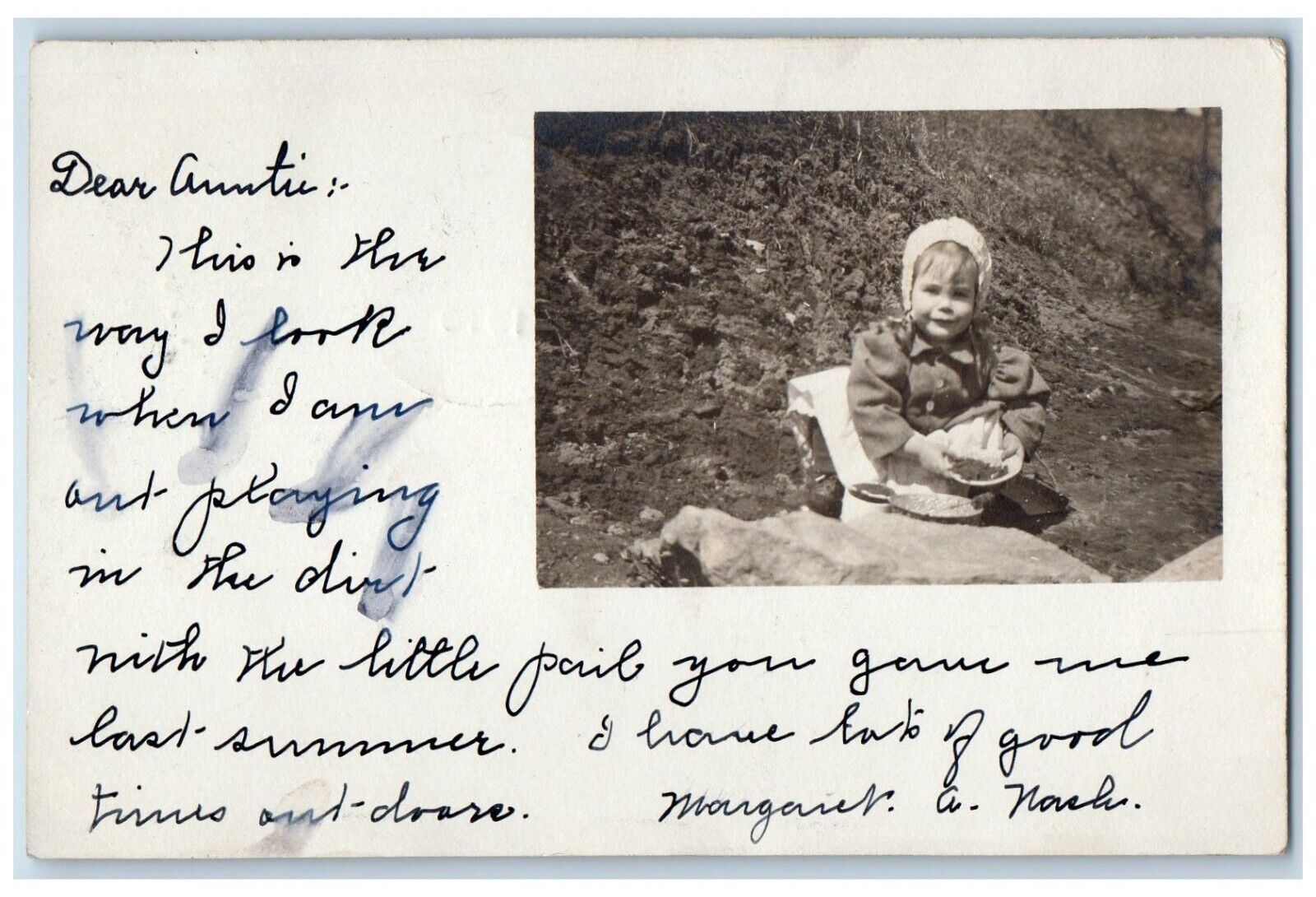 1910 Little Girl Child Playing In Dirt Pail West Swanzey NH RPPC Photo Postcard