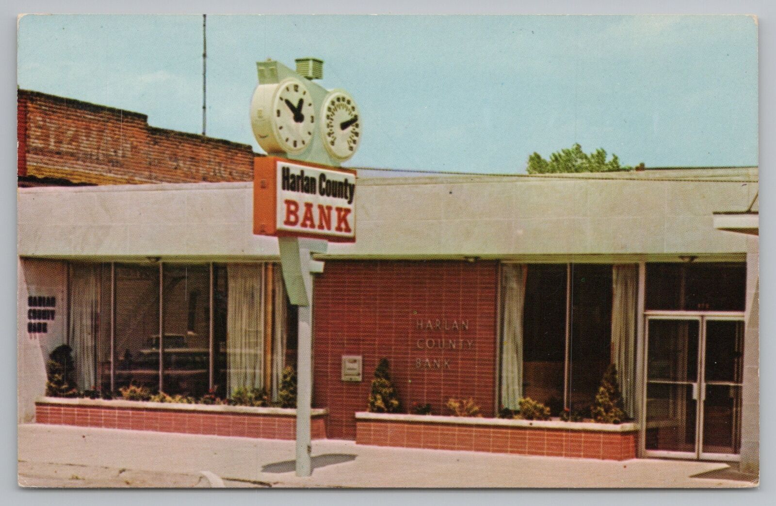Alma Nebraska~Harlan County Bank~Time Clock & Temperature On Sign Post~1961