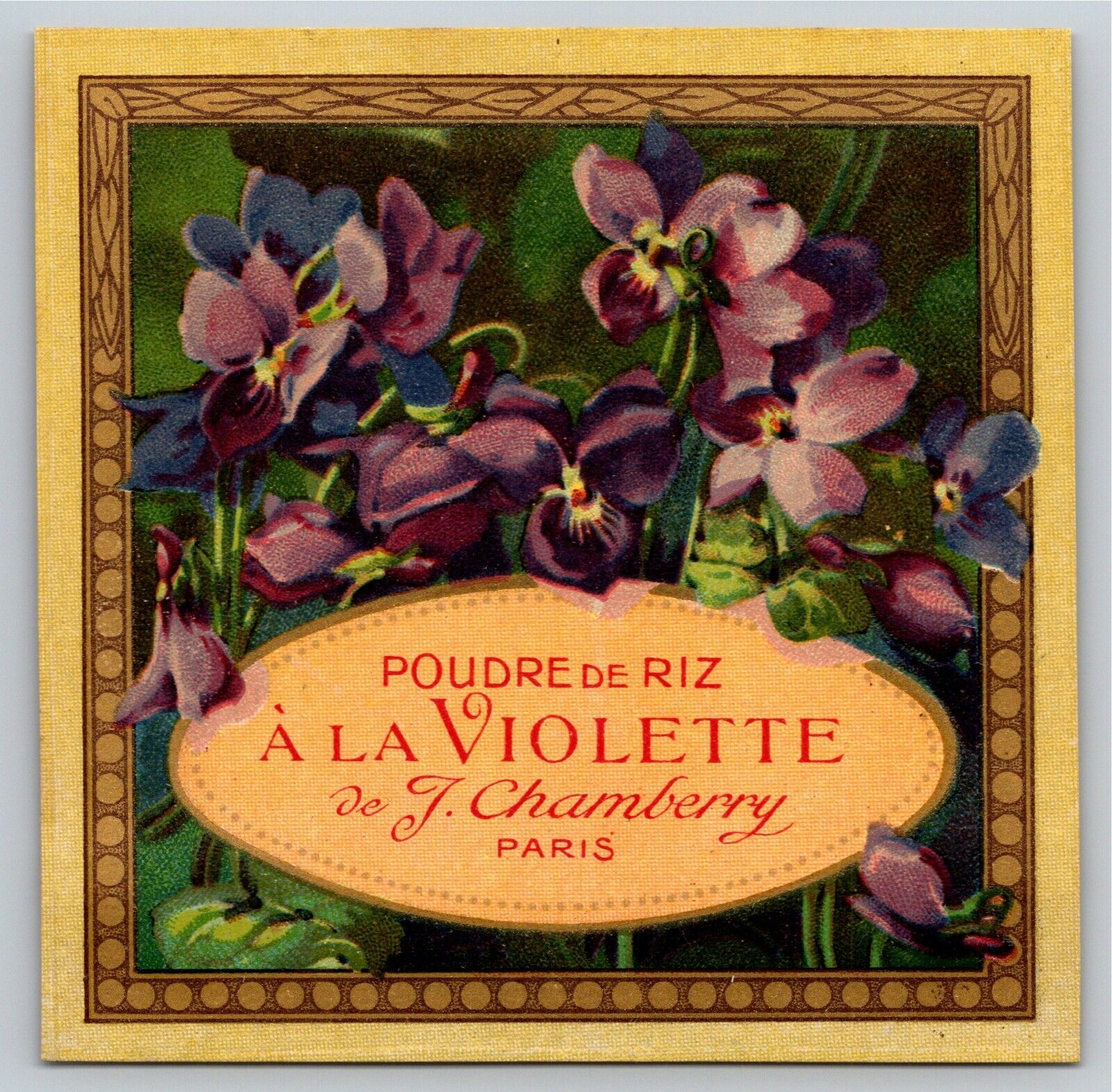 French c1910's Perfume Label Poudre de Riz A' La Viol J. Chamberry Paris w/ Gilt