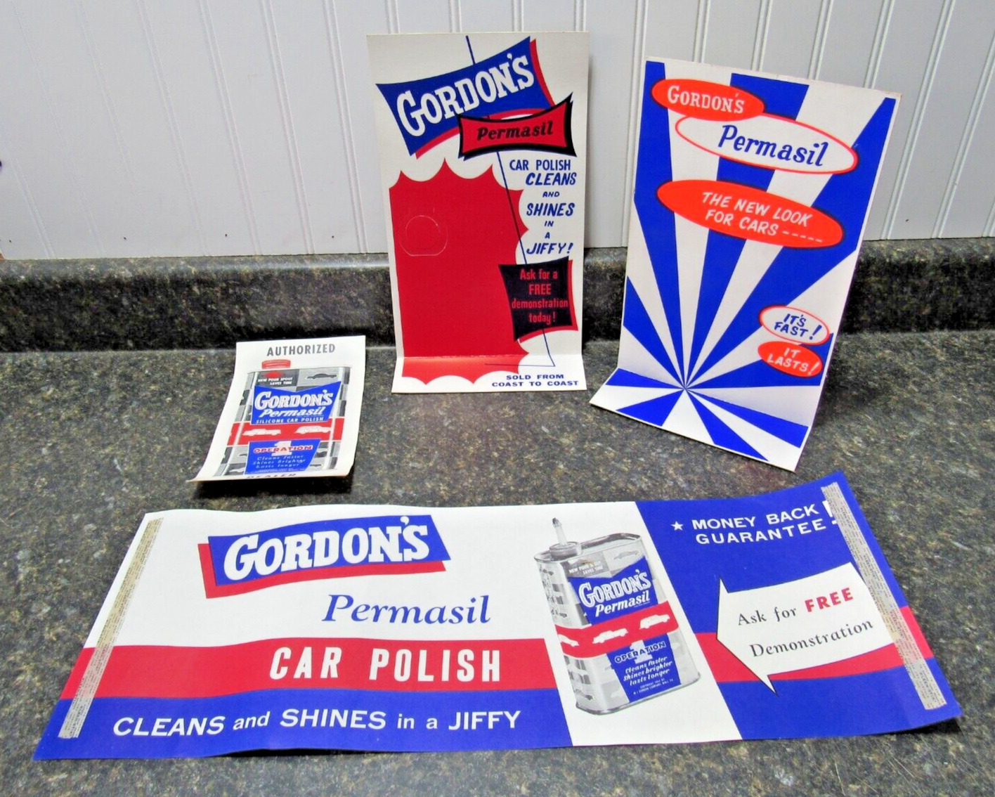 Vintage 50\'s GORDON\'S Permasil CAR POLISH Merchandising Kit w/3 Signs-Door Decal