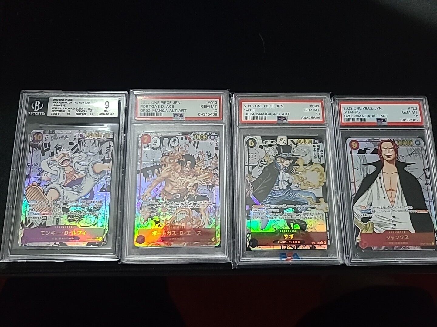 One Piece TCG MANGA (GRADED) Luffy, Ace, Sabo, Shanks. Bidding On All FOUR Cards