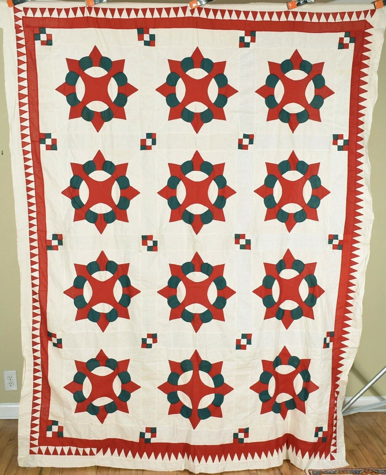 AMAZING Vintage 1880's Crown of Thorns Antique Quilt Top ~Sawtooth Border