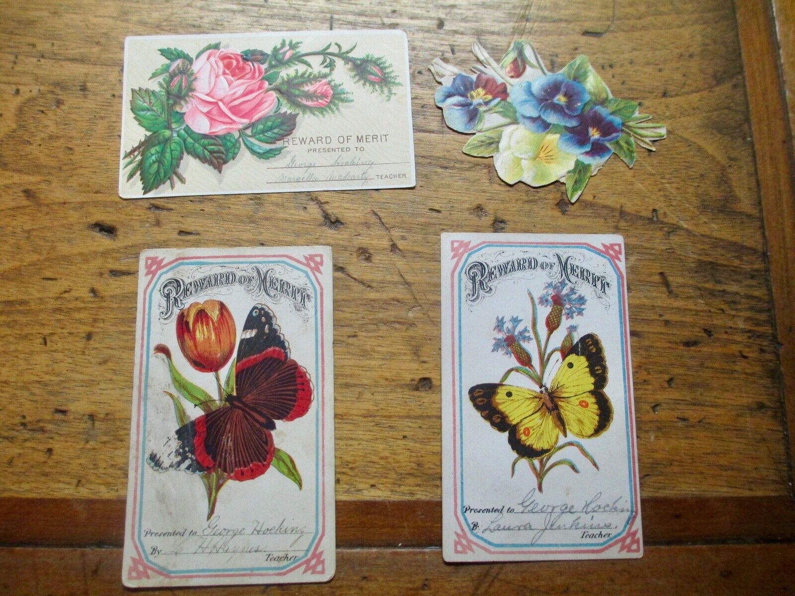  3 Antique Victorian REWARD OF MERIT CARDS Teacher School Award Butterflys  36  