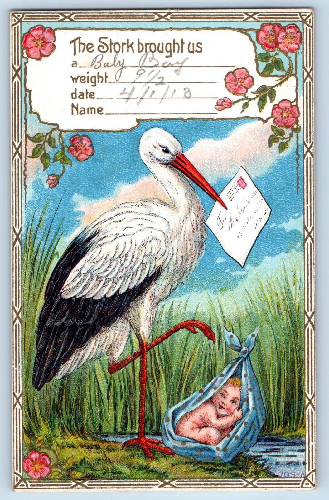 Tacoma Washington WA Postcard Stork Brought Us Baby Flowers Embossed 1913 Posted