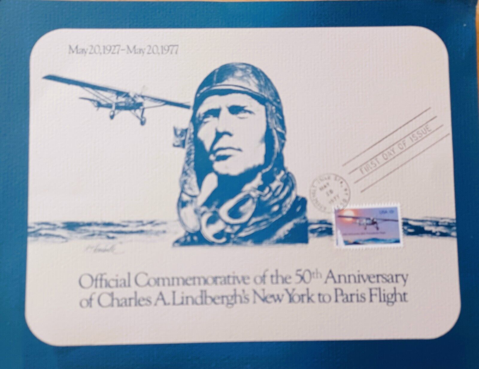 Charles A. Lindbergh 50th Anniversary 1st Day Stamp on Card, 1927-1977,