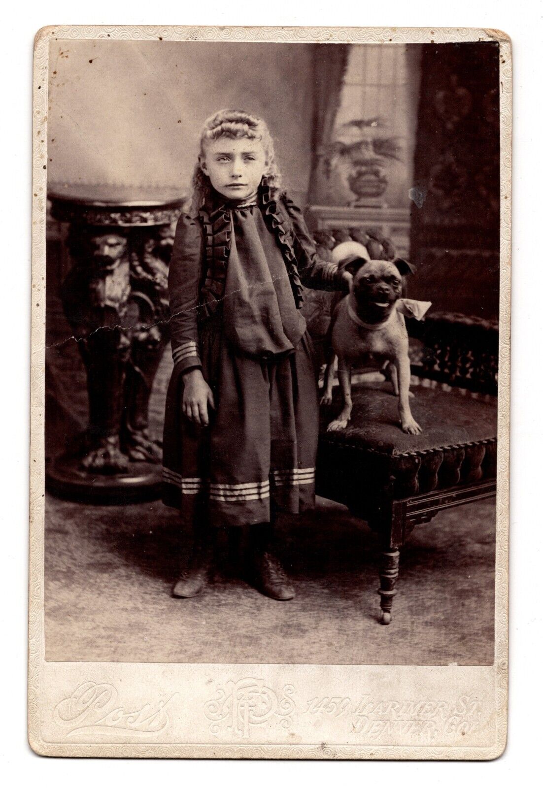 CIRCA 1890s CABINET CARD POST CUTE LITTLE GIRL WITH PUG DENVER COLORADO