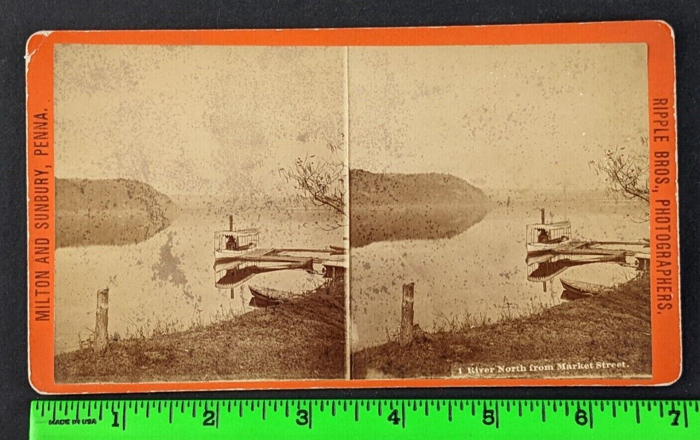 1890s River North Market Street Milton Sunbury PA Ferry Boat Stereoview Card