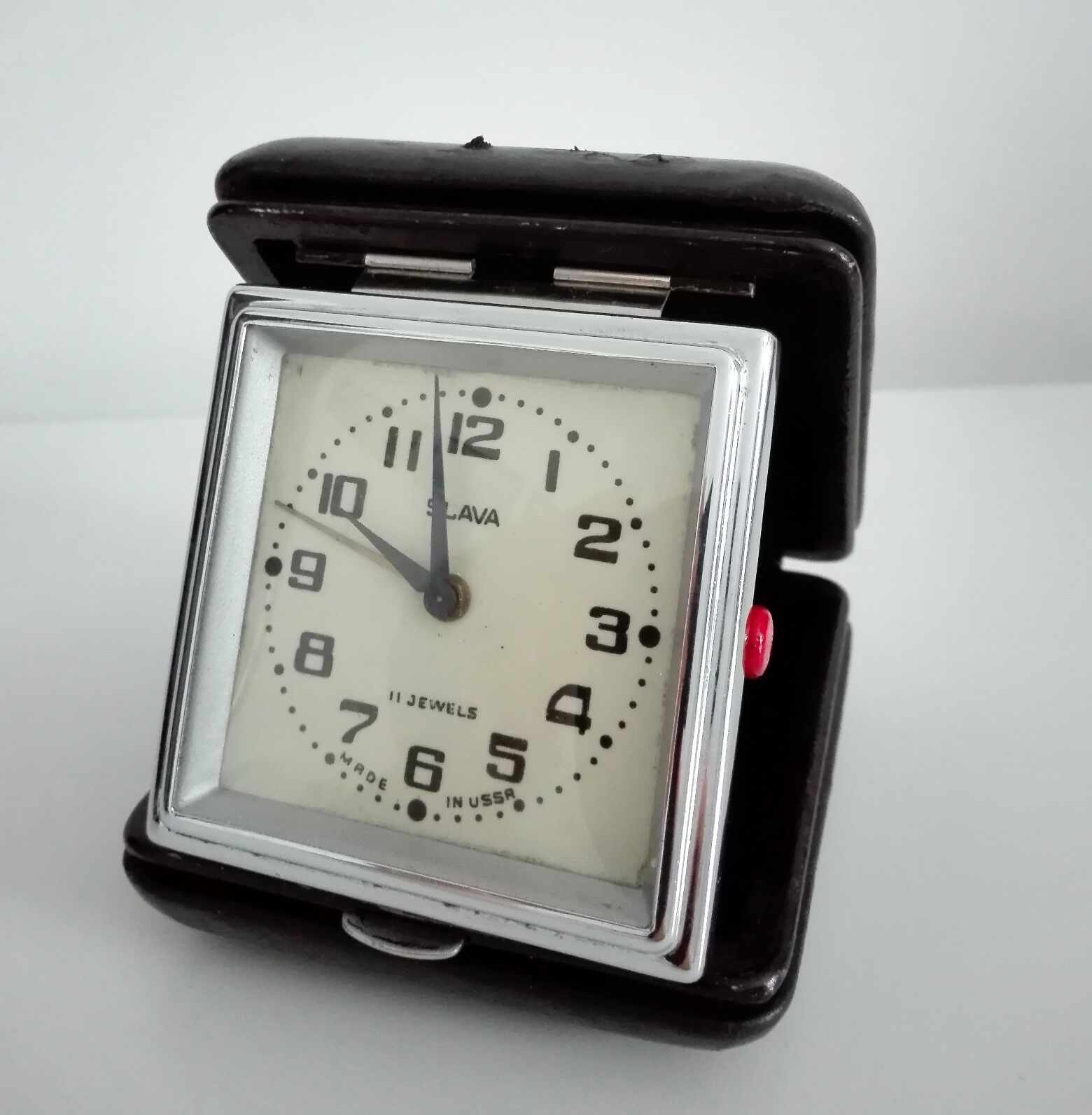 Vintage Soviet Russian voyage table SLAVA alarm clock USSR clocks 11 jewels deco