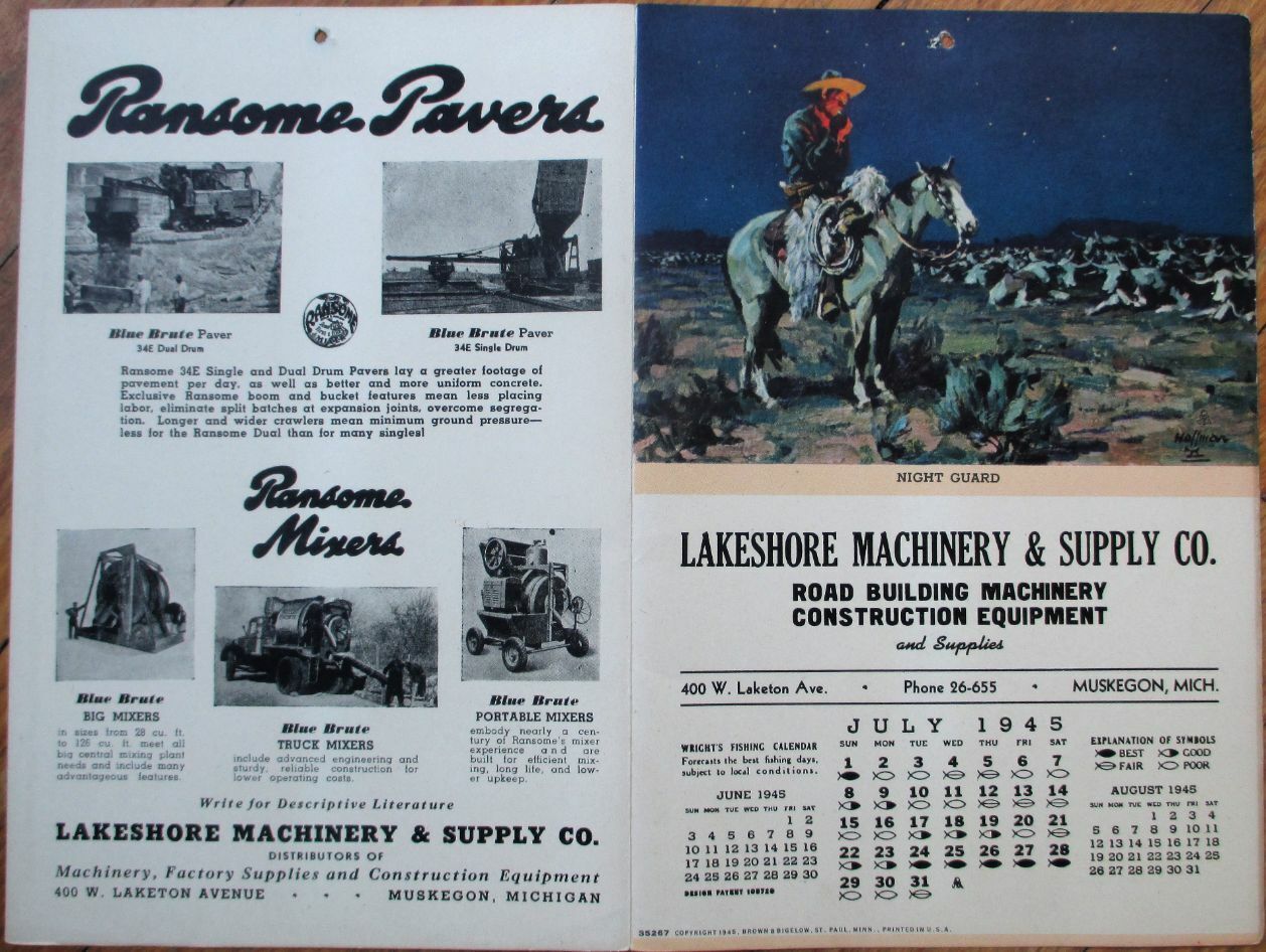 Smoking Cowboy/Western 1945 Advertising Calendar: Night Guard - Muskegon, MI