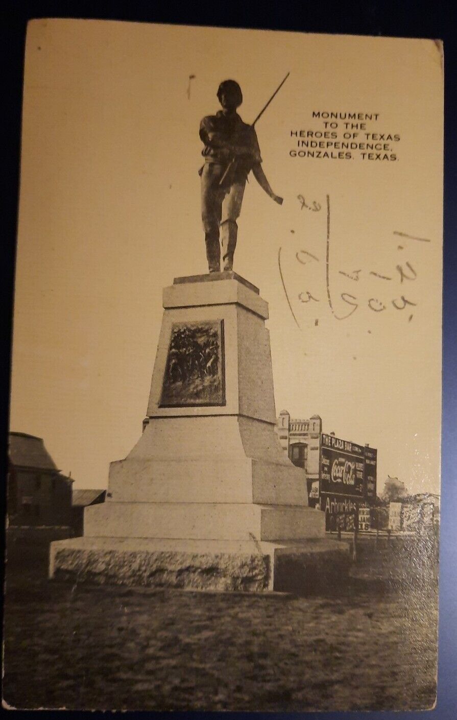 Monument to the Heroes of Texas Independence Post Card post 1916 Gonzales Texas