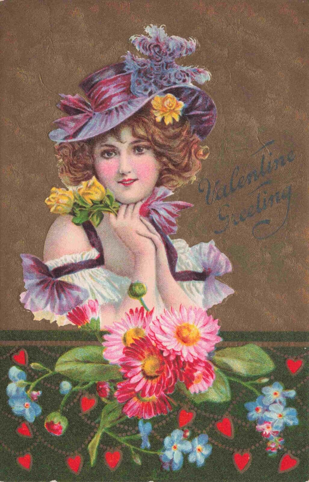Unique Valentine Pretty Lady Flowers Bold Colors Romantic Message c1909 Postcard