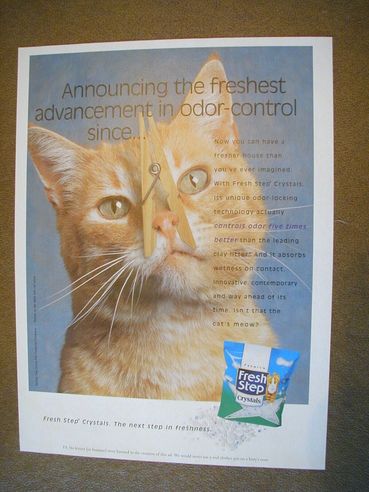 2003 Fresh Step Crystals Cat Litter Ginger Cat with Clothspin Vintage PRINT AD66