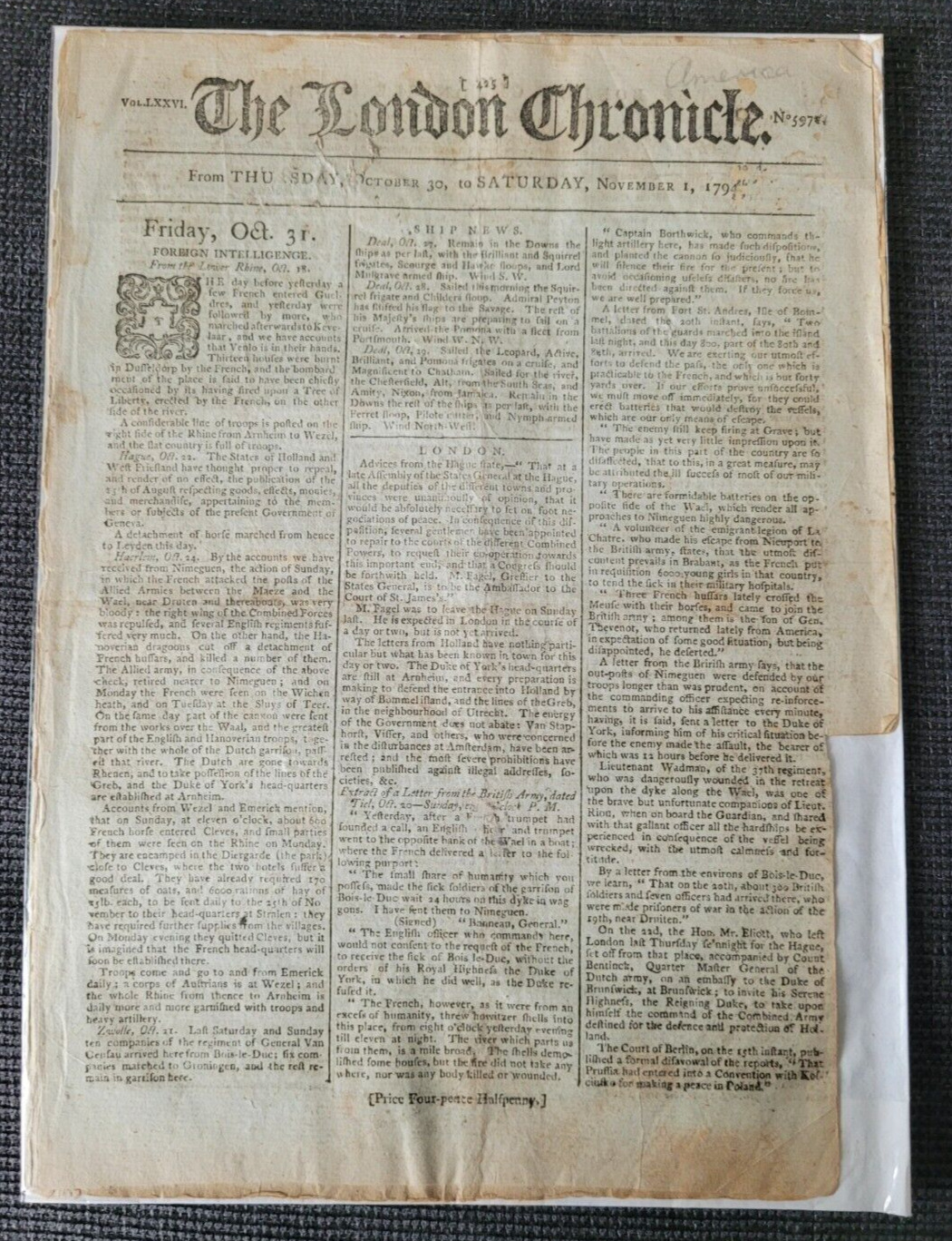 THE LONDON CHRONICLE PRESIDENT GEORGE WASHINGTON USA 1 NOV 1794 ORIG NEWSPAPER