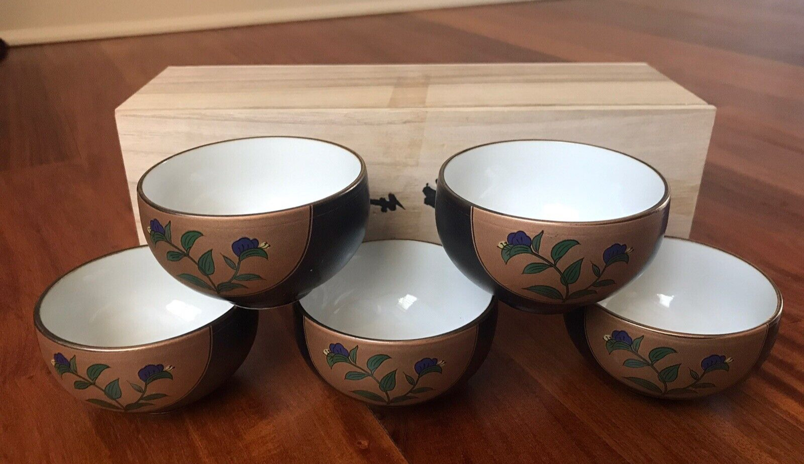 Japanese Kyo Yaki Porcelain Guest Tea Cup Potters Mark Set of 5 Box