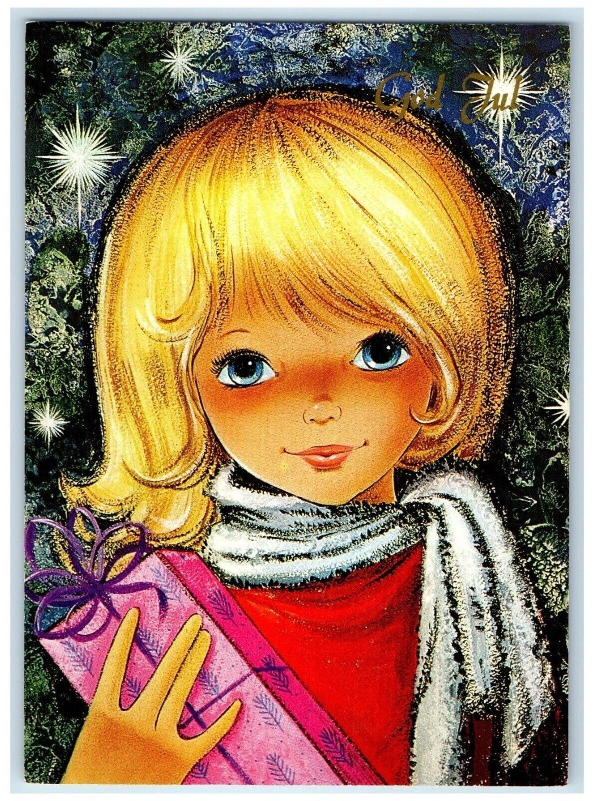c1930's Merry Christmas Pretty Girl Holding Gift Norway Vintage Postcard