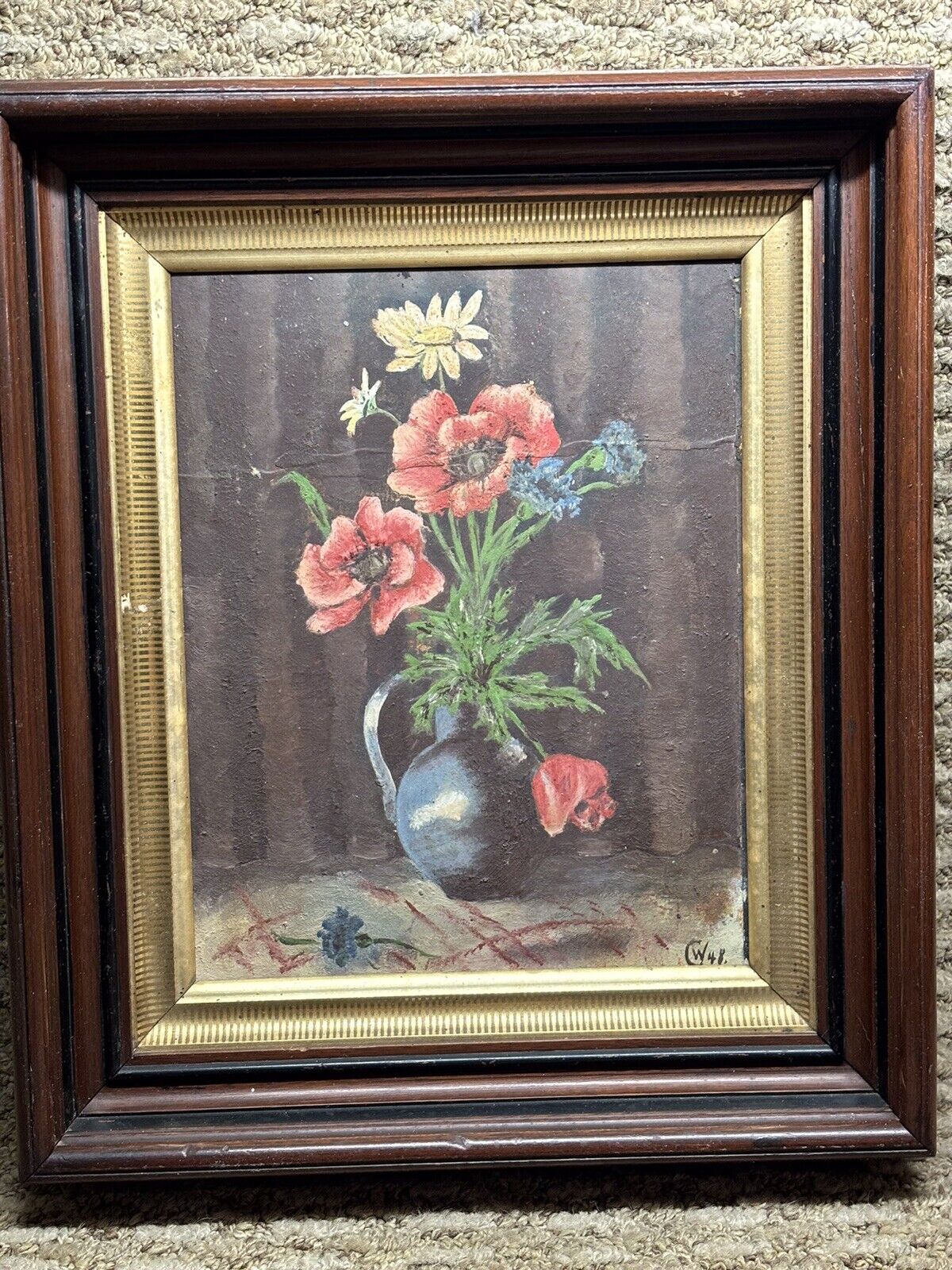 Vintage Blue Vase with Flowers Oil Painting 1948 German