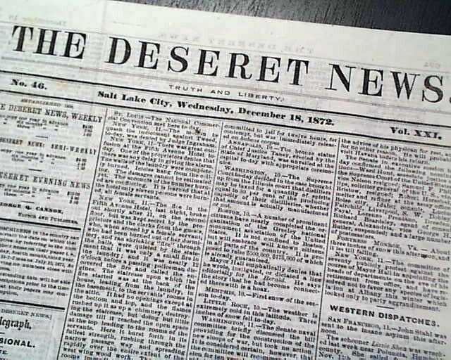 Rare DESERET Mormons Mormonism Salt Lake City Utah Territory 1872 old Newspaper
