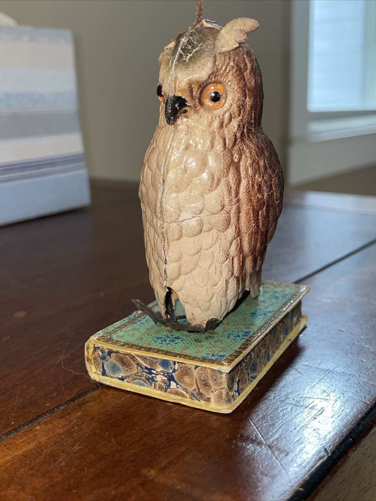 Rare DRESDEN OWL ON BOOK CANDY CONTAINER Ornament, Antique c.1850s