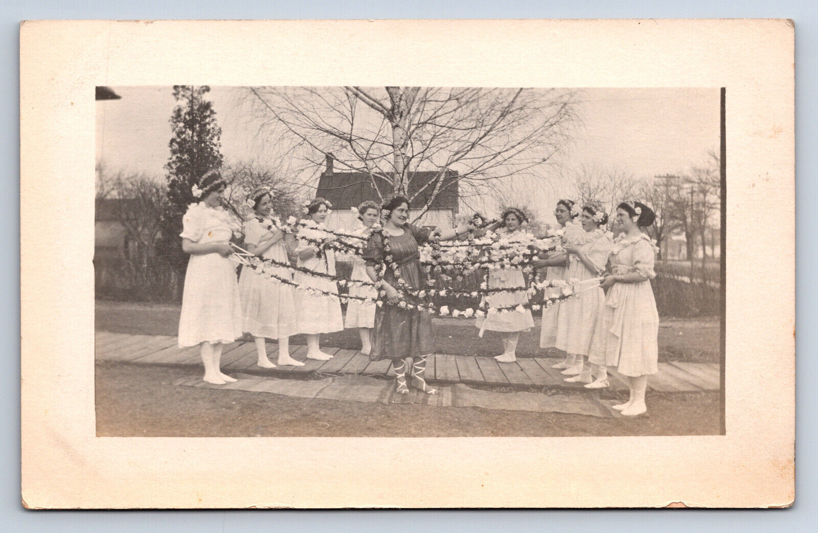 Vintage RPPC May Day Presentation Girls w/ Strings of Flowers Real Photo Q4