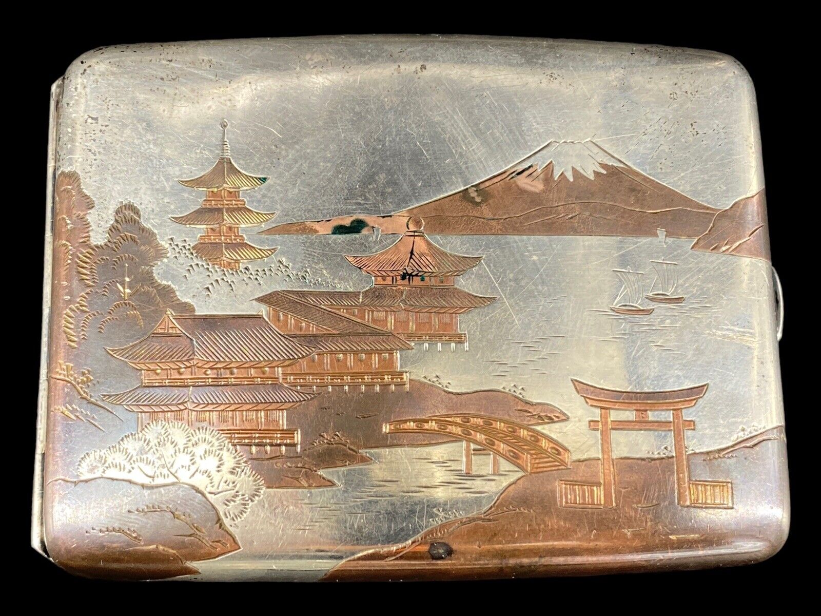 Vintage Japanese 950 Sterling Silver  Cigarette Case Mount Fuji Landscape