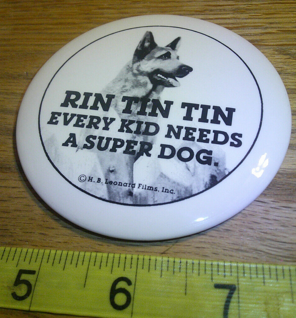 vintage Rin Tin Tin pinback button 3 1/2 inches R.B. Leonard Fims Inc,