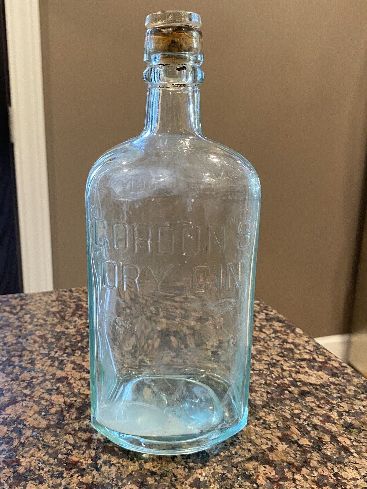 Antique Gordon\'s Dry Gin London Blue Glass 1L Bottle w/ Cork Early 1913 - 1920s