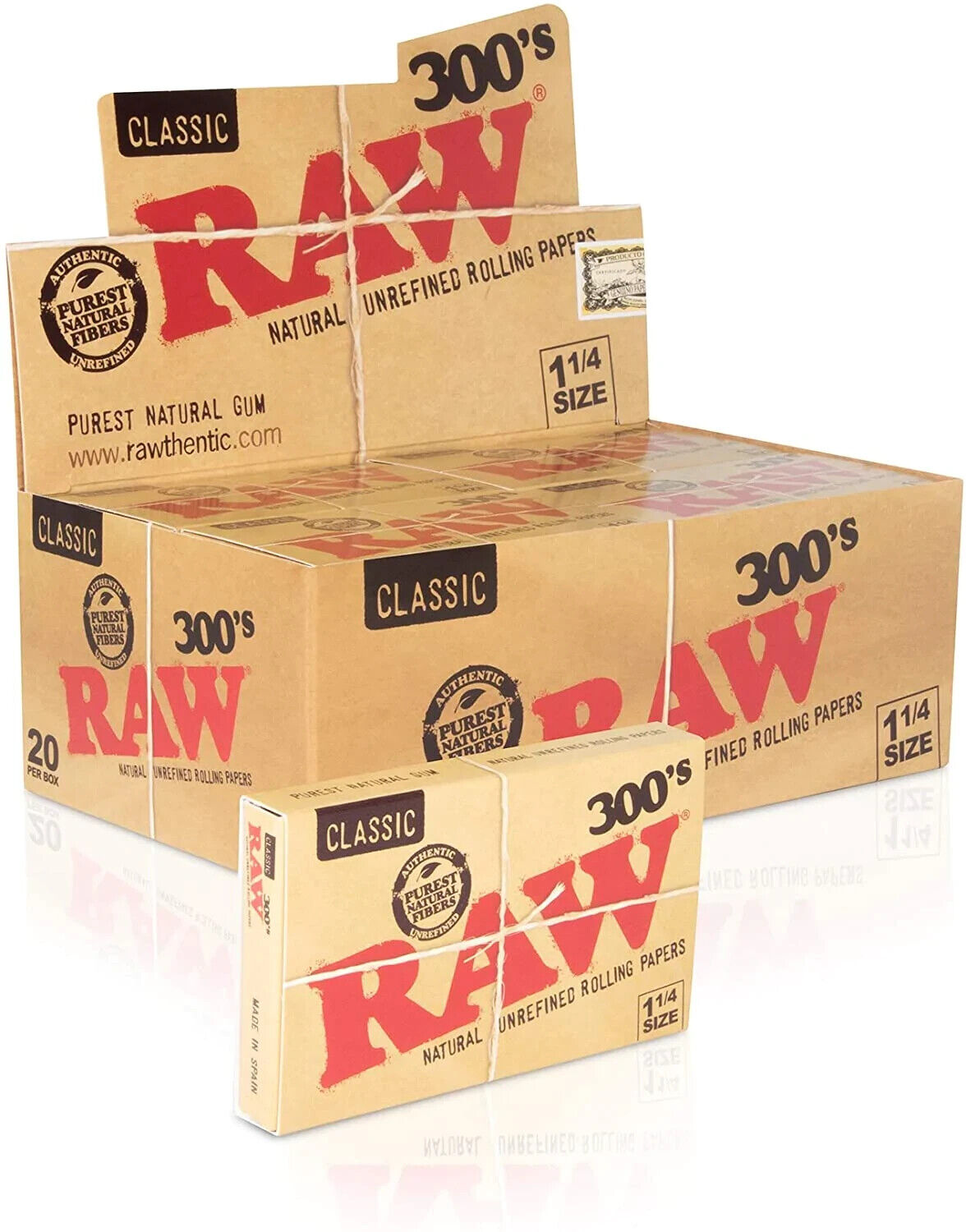 😎RAW CLASSIC NATURAL UNREFINED ROLLING PAPERS FULL BOX 1 1/4 -✨300's💛20 PACKS
