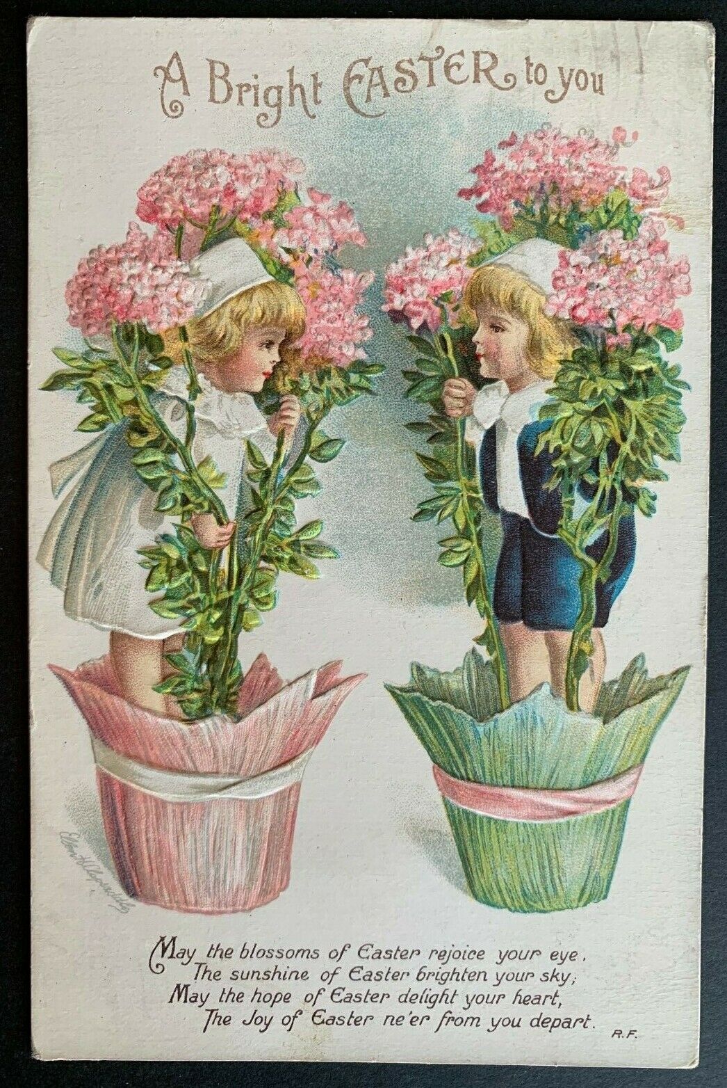 Postcard Artist Signed: Clapsaddle - Pink Hydrangea - Children - Easter Greeting