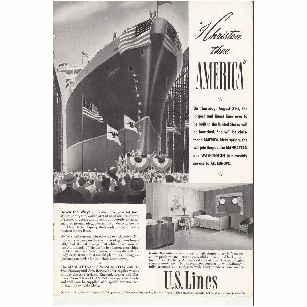 1939 US Lines: I Christen Thee America Vintage Print Ad