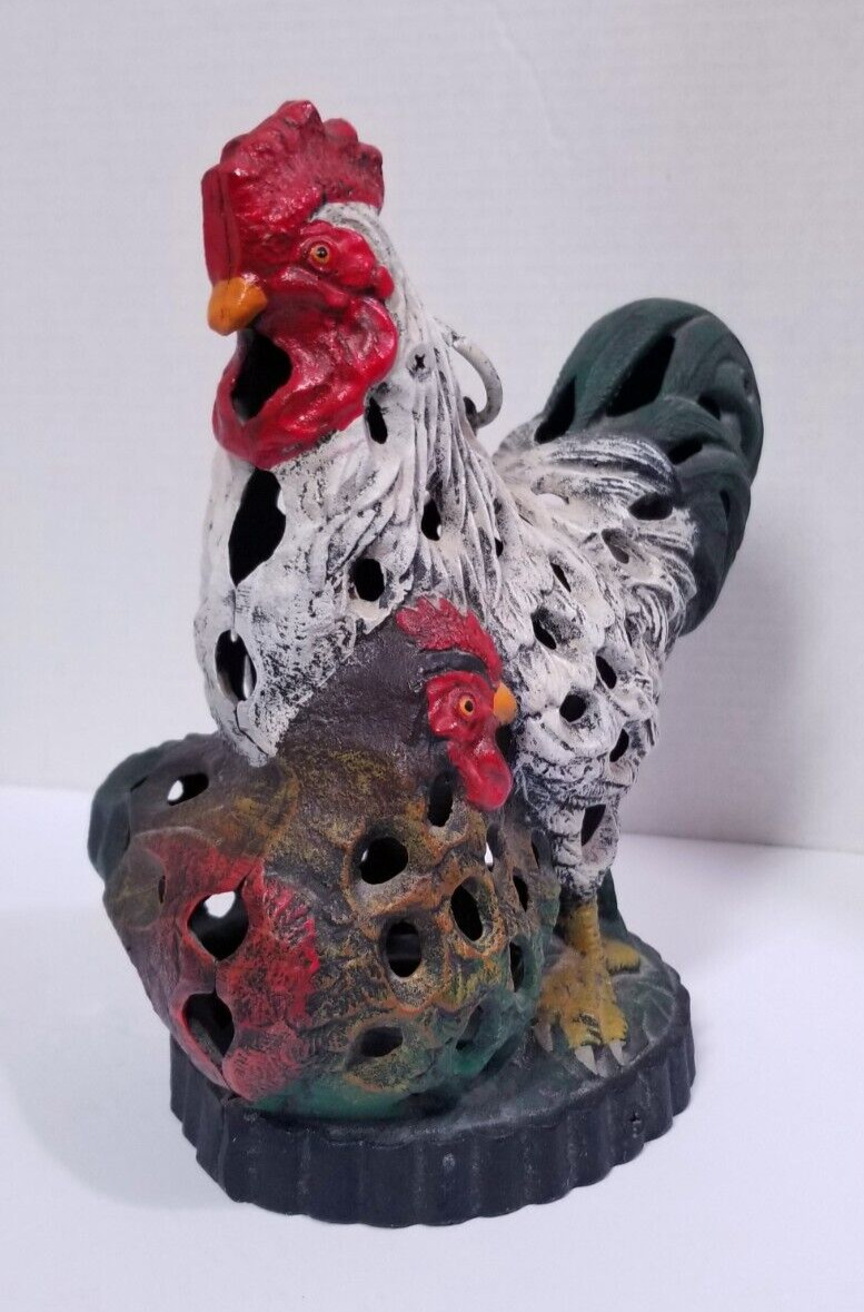 Vintage Cast Iron Rooster and Chicken Lantern Lamp 10\