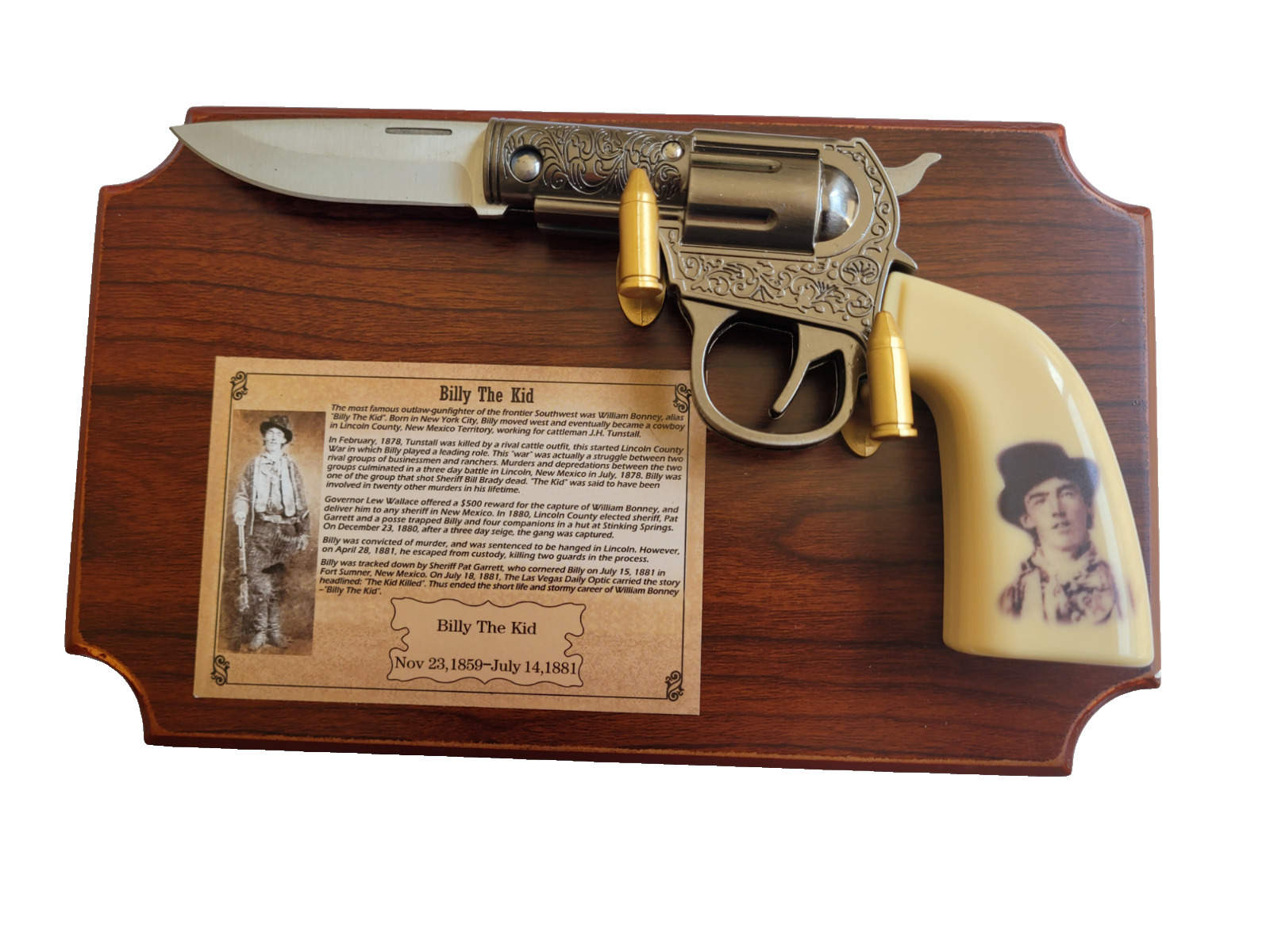Billy The Kid Pistol Knife Plaque Bullet Hook Collectable Western Gun Knife