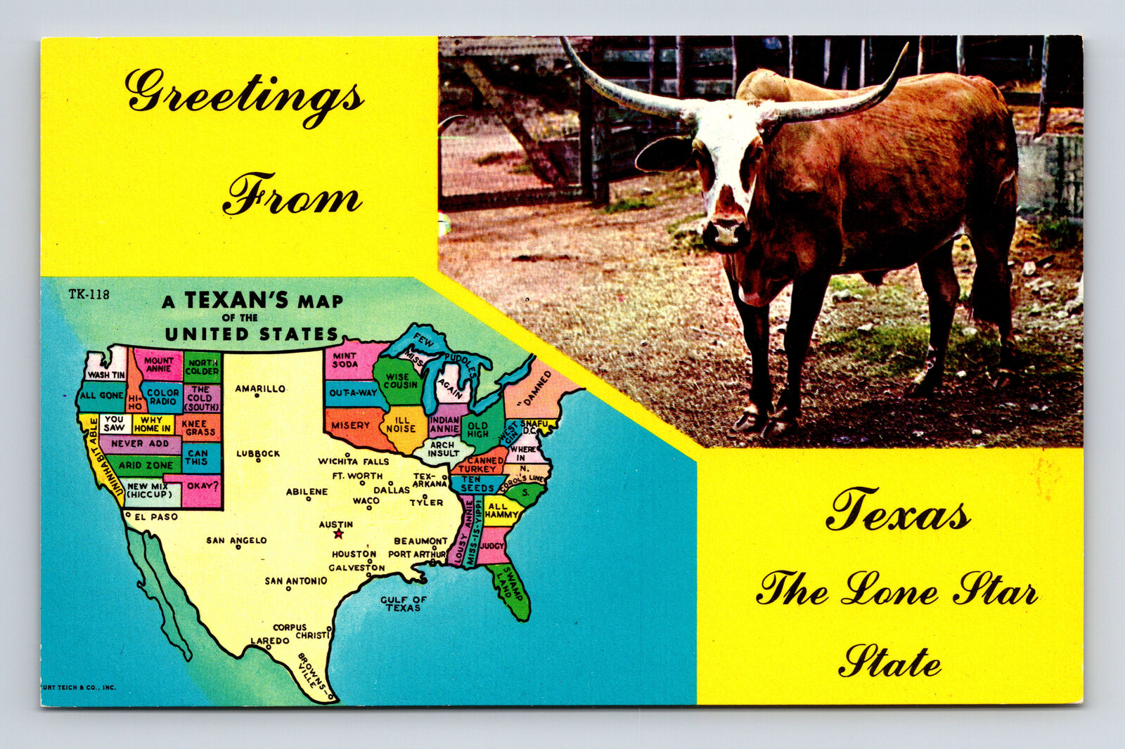 c1977 A Texan\'s Map of the United States Longhorn Steer Giant Texas TX Postcard