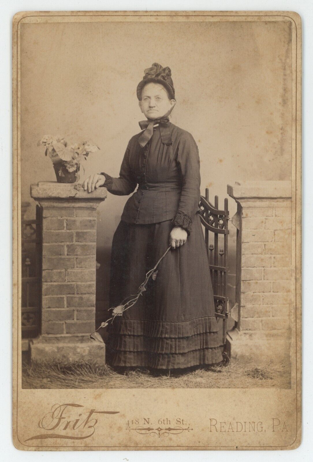 Antique Circa 1880s Cabinet Card Lovely Older Woman Posing With Rose Reading, PA