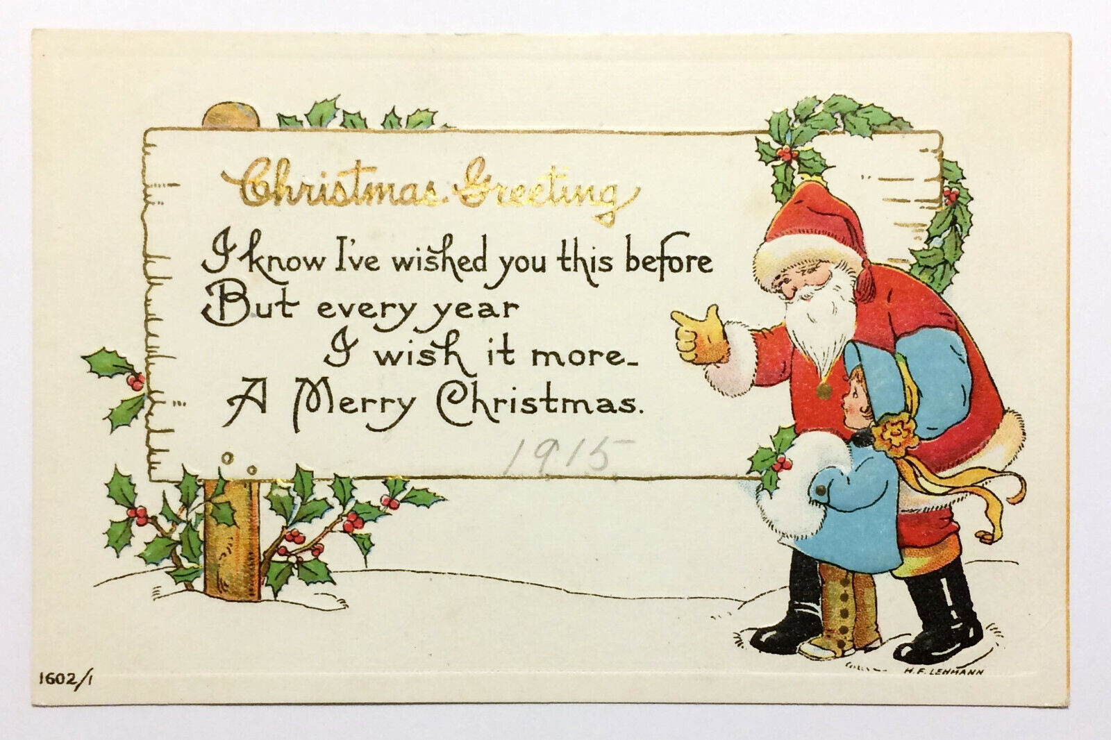Santa Christmas Postcard c1910 Embossed H F LEHMANN Vintage