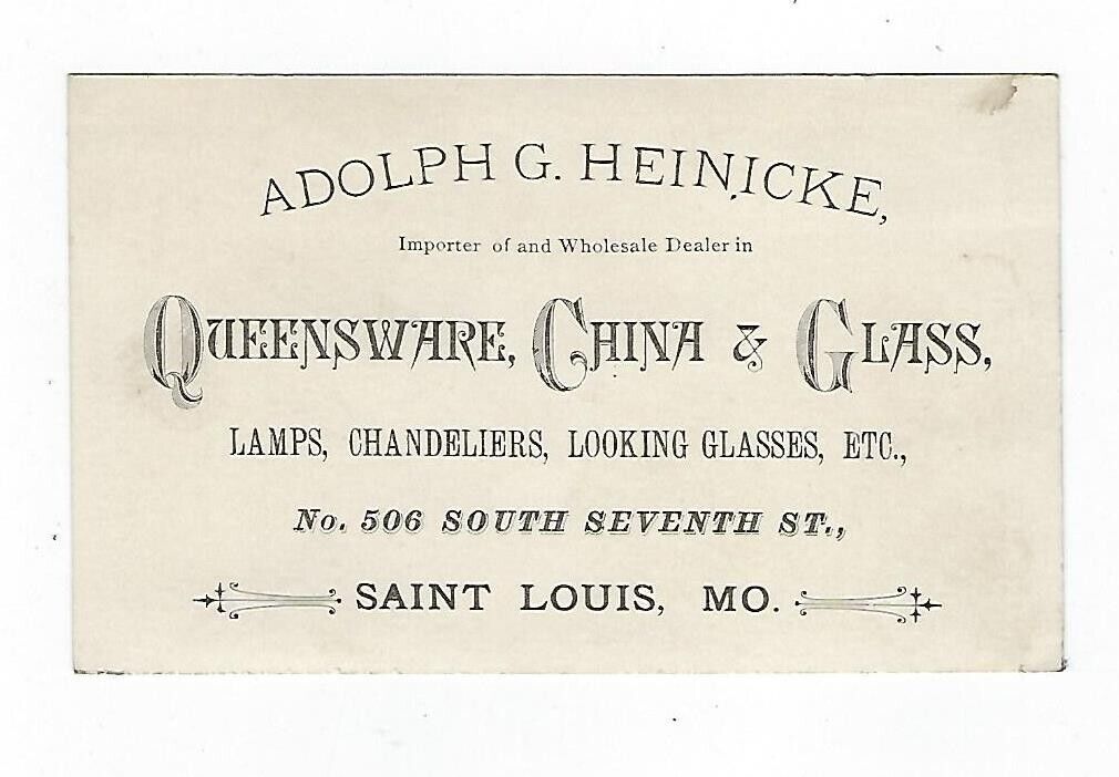 c1890 Victorian Trade Card, Adolph G. Heinicke, Queensware, China & Glass