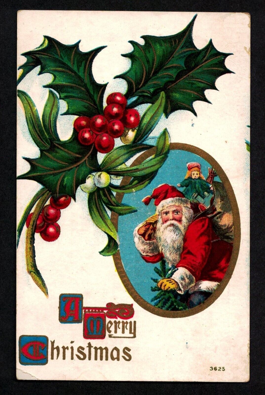 5402 Antique Vintage Postcard MERRY CHRISTMAS Santa Toys Doll Holly Yellow Glove
