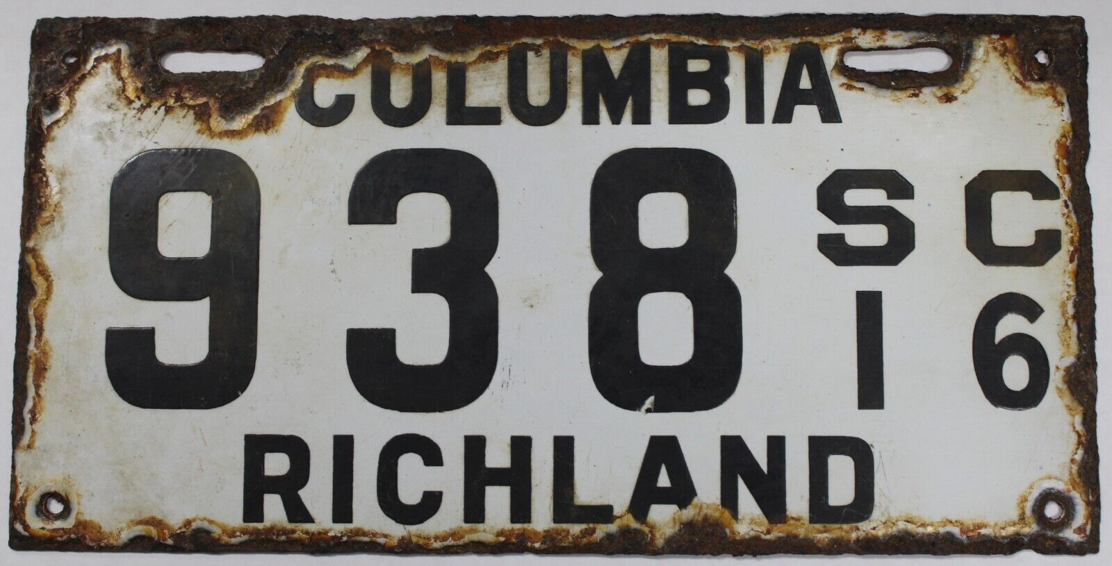 1916 South Carolina Vintage Porcelain License Plate Richland County, Columbia SC