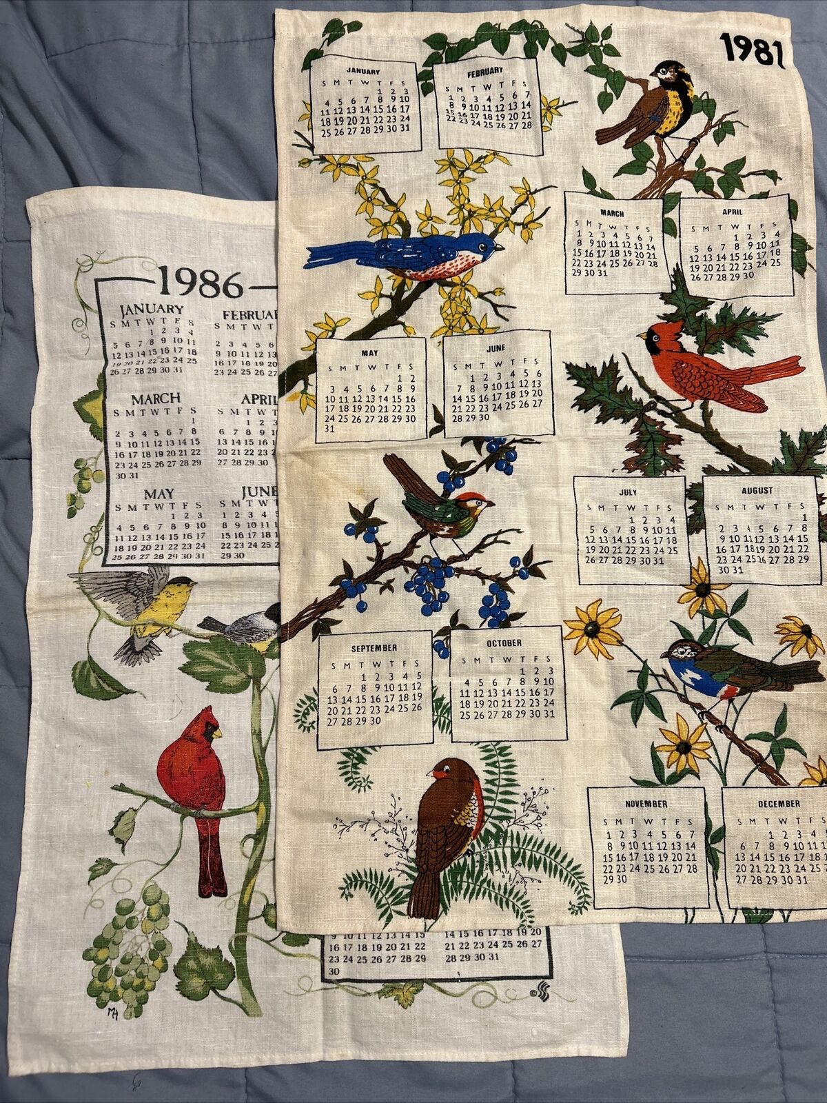 Vintage 1981 & 1986 Tea Towel Calendar Birds