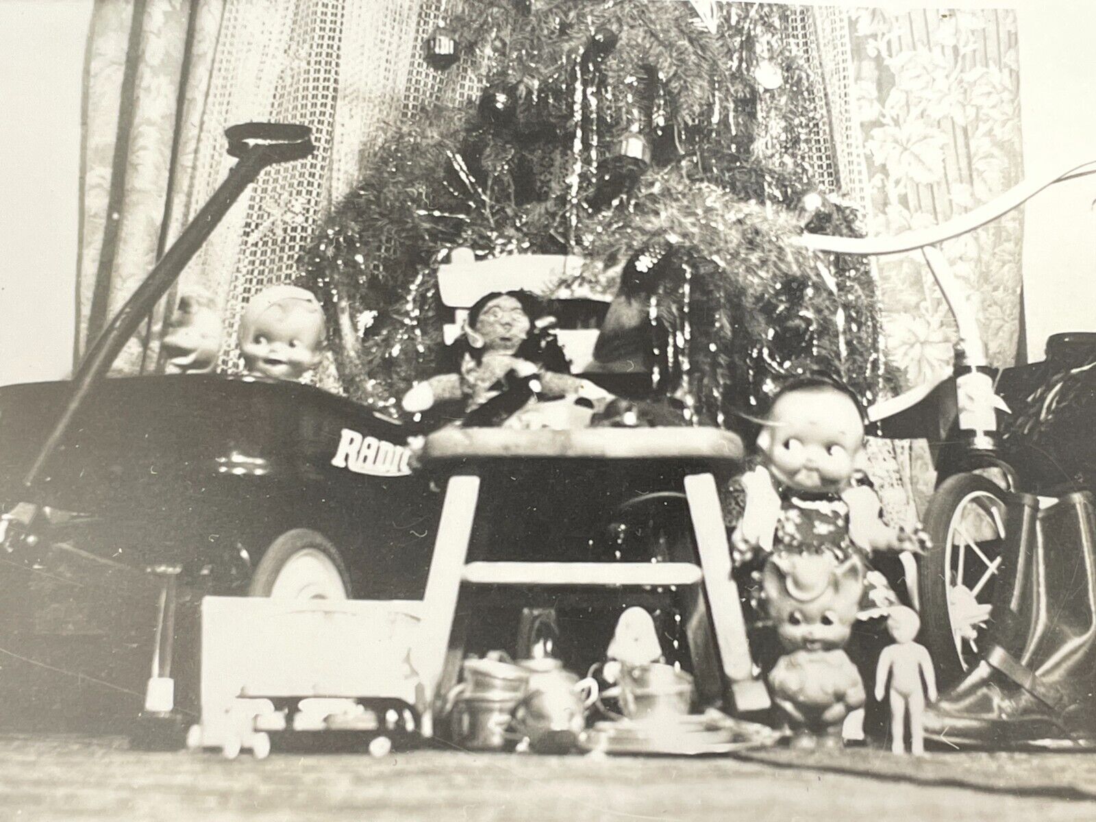 Z4 Photograph Christmas Morning Presents Dolls Wagon Toy Tricycle Tree 1947