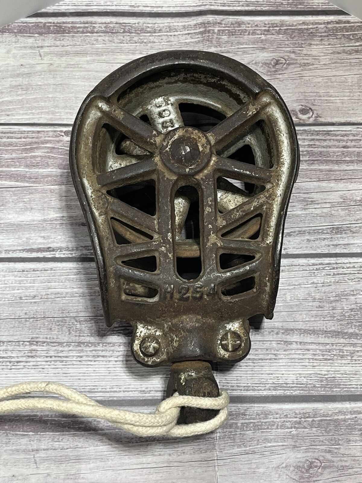 Antique Farm Pulley Cast Iron Tool Stamp H254 Ornate Rustic 