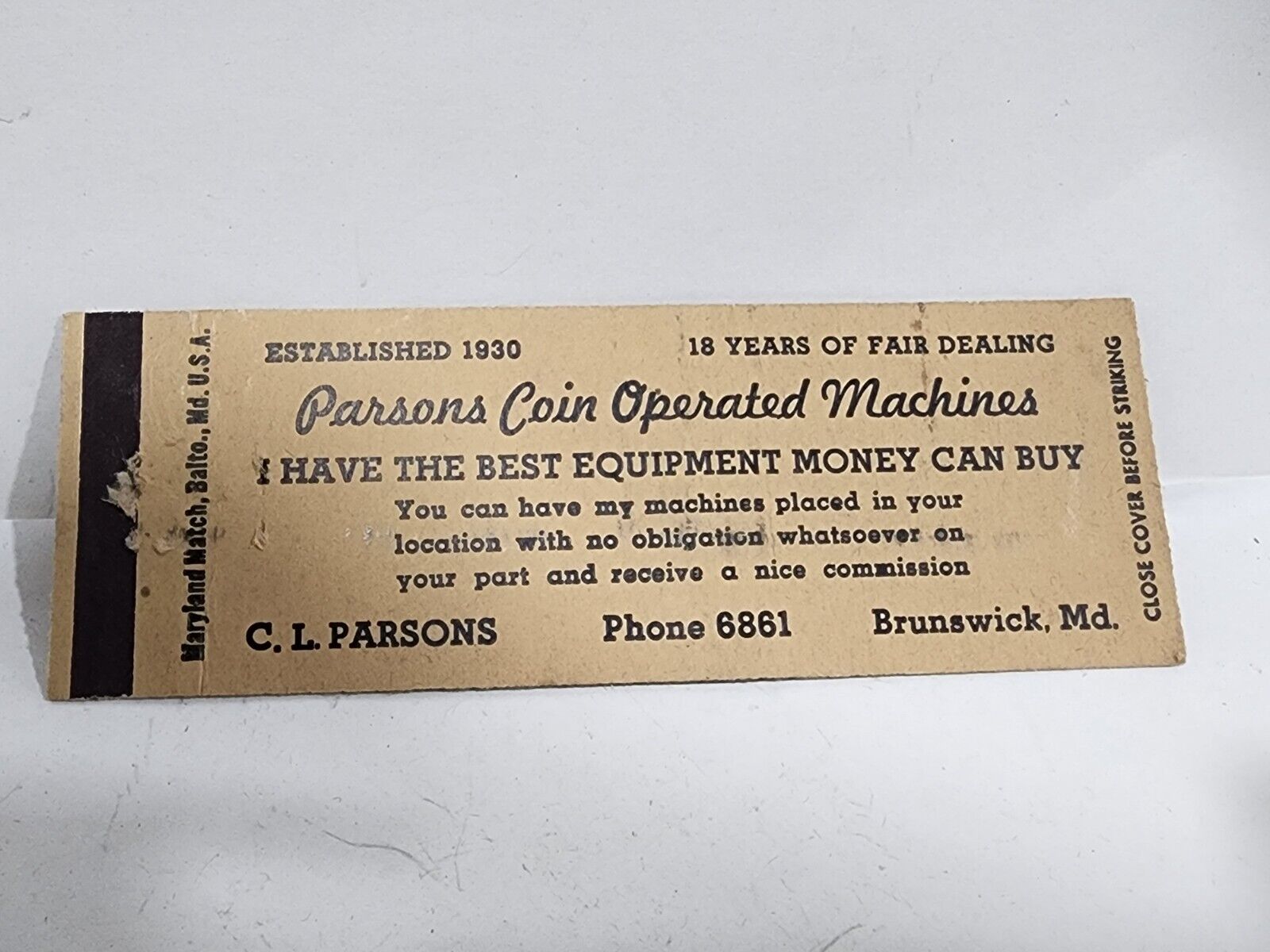 Vintage Matchbook Cover - 1948 Parsons Coin Operated Machines Sales Brunswick MD