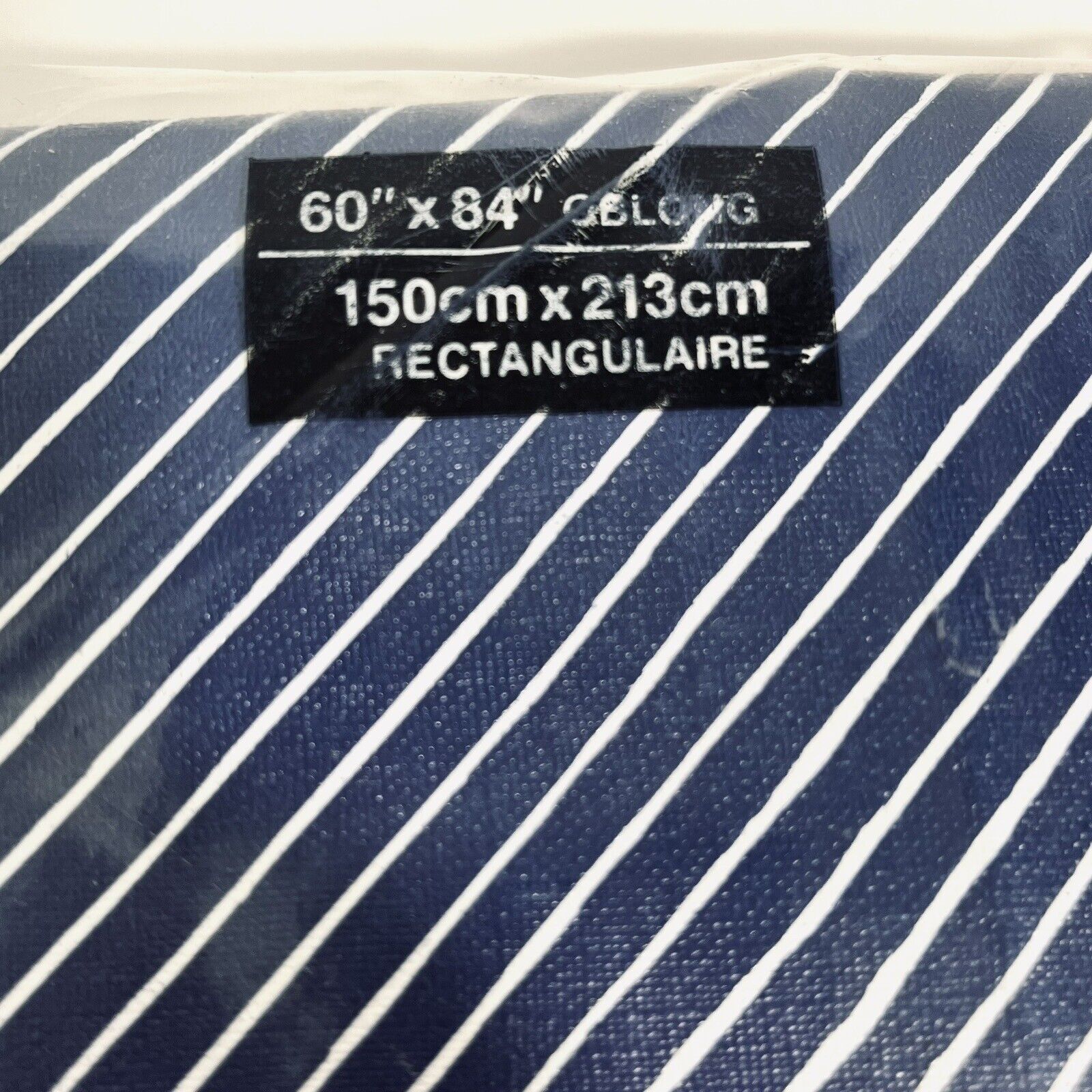 Katja Vinyl Tablecloth Flannel Back Blue White Diagonal Stripe 60x84 Vintage USA
