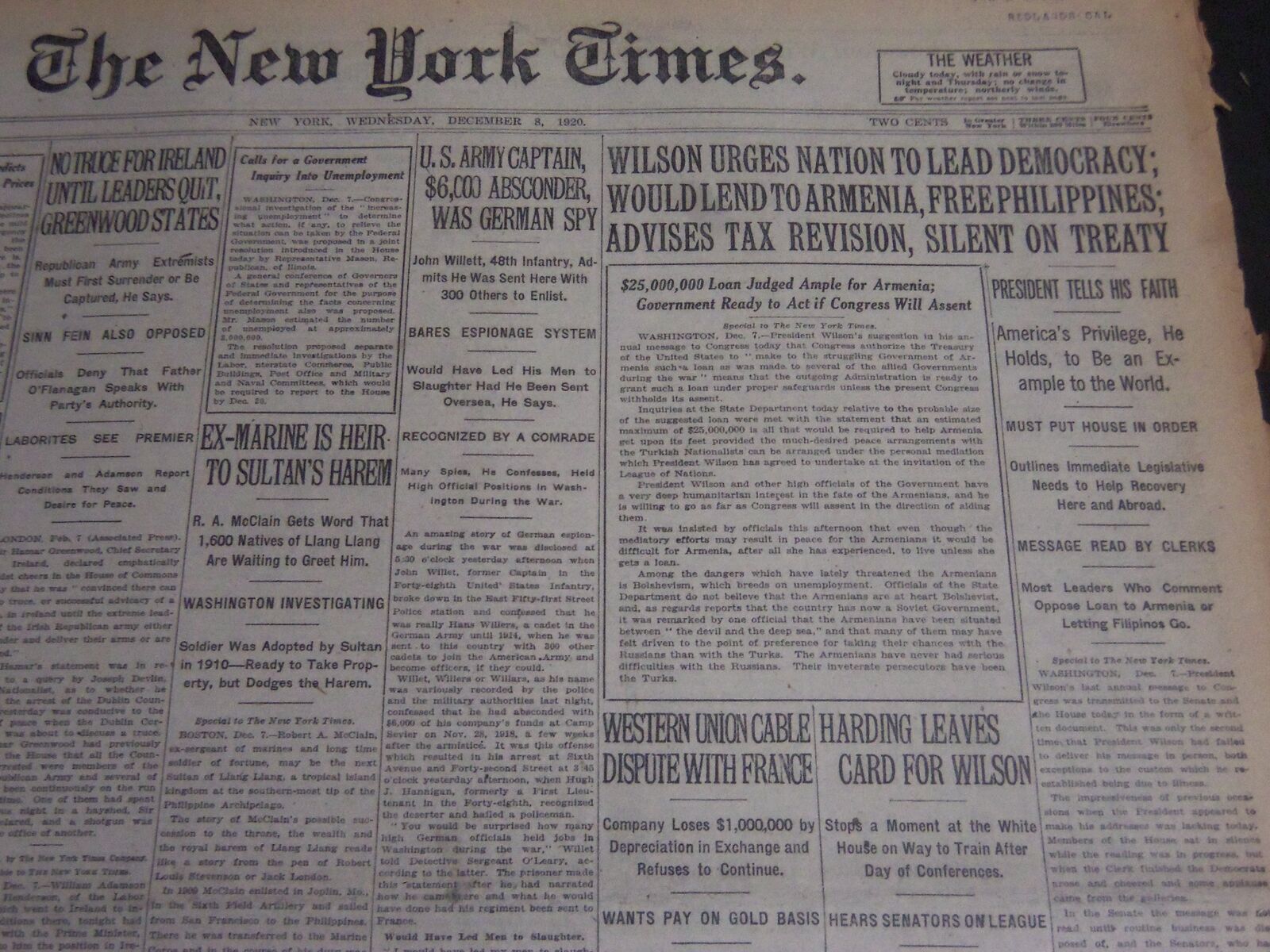 1920 DECEMBER 8 NEW YORK TIMES - WILSON URGES NATION TO LEAD DEMOCRACY - NT 6735