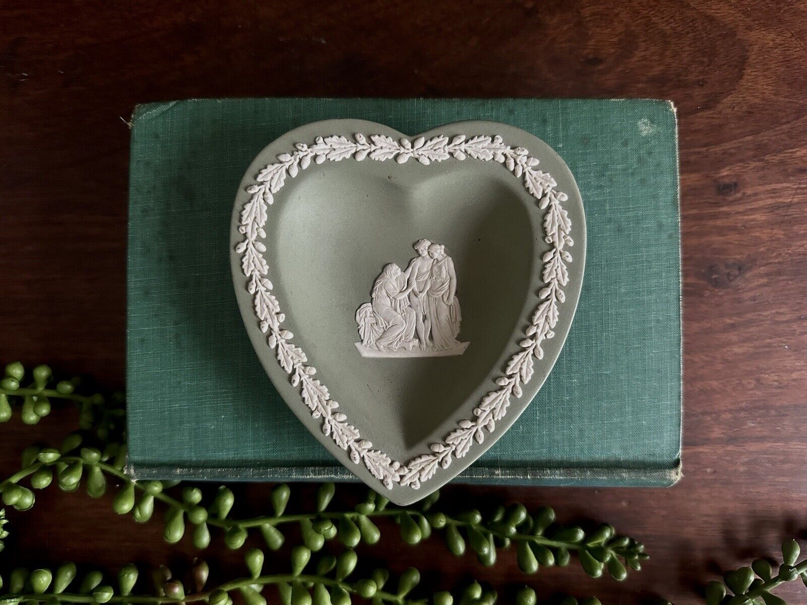 Vintage Wedgwood Jasperware Celedon Sage Heart Shaped Trinket Jewelry Dish Mint