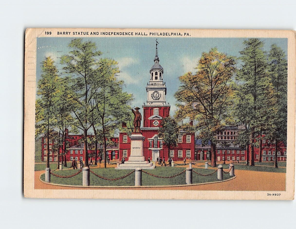 Postcard Barry Statue & Independence Hall Philadelphia Pennsylvania USA